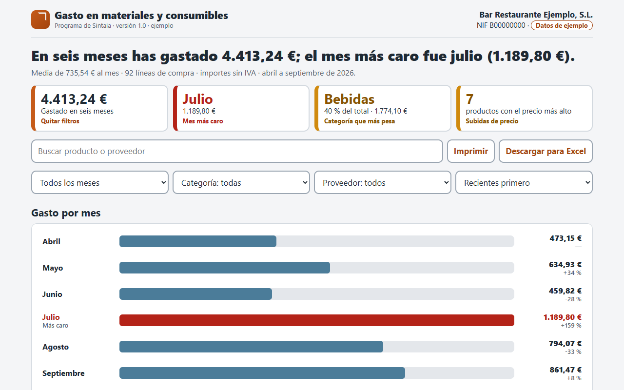 Programa de gasto en compras con datos de ejemplo: resumen del gasto de seis meses, filtros por mes, categoría y proveedor, y un gráfico de barras por mes con el mes más caro en rojo.