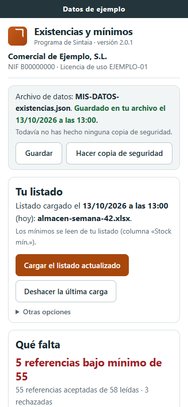 El programa de stock en la pantalla de un móvil, con los cuadros de resumen, el buscador y cada artículo como una tarjeta. Datos de ejemplo.