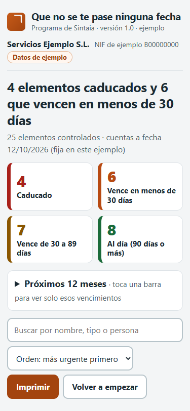El programa de vencimientos en la pantalla de un móvil, con los cuadros de caducado y próximo a vencer. Datos de ejemplo.